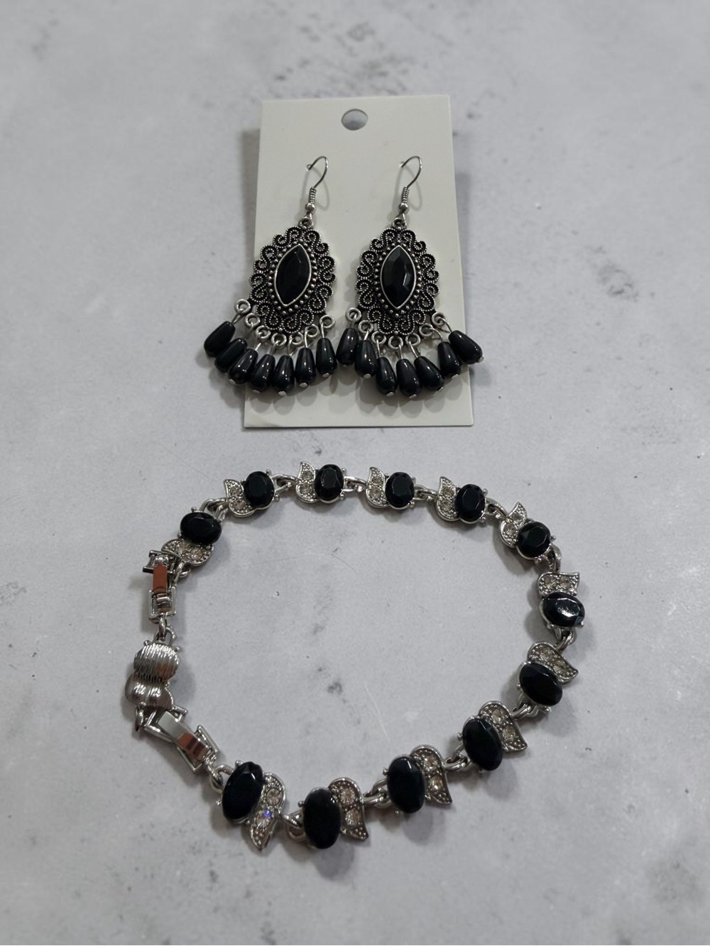 Black Stone Silver-Tone Bracelet and Earrings Set